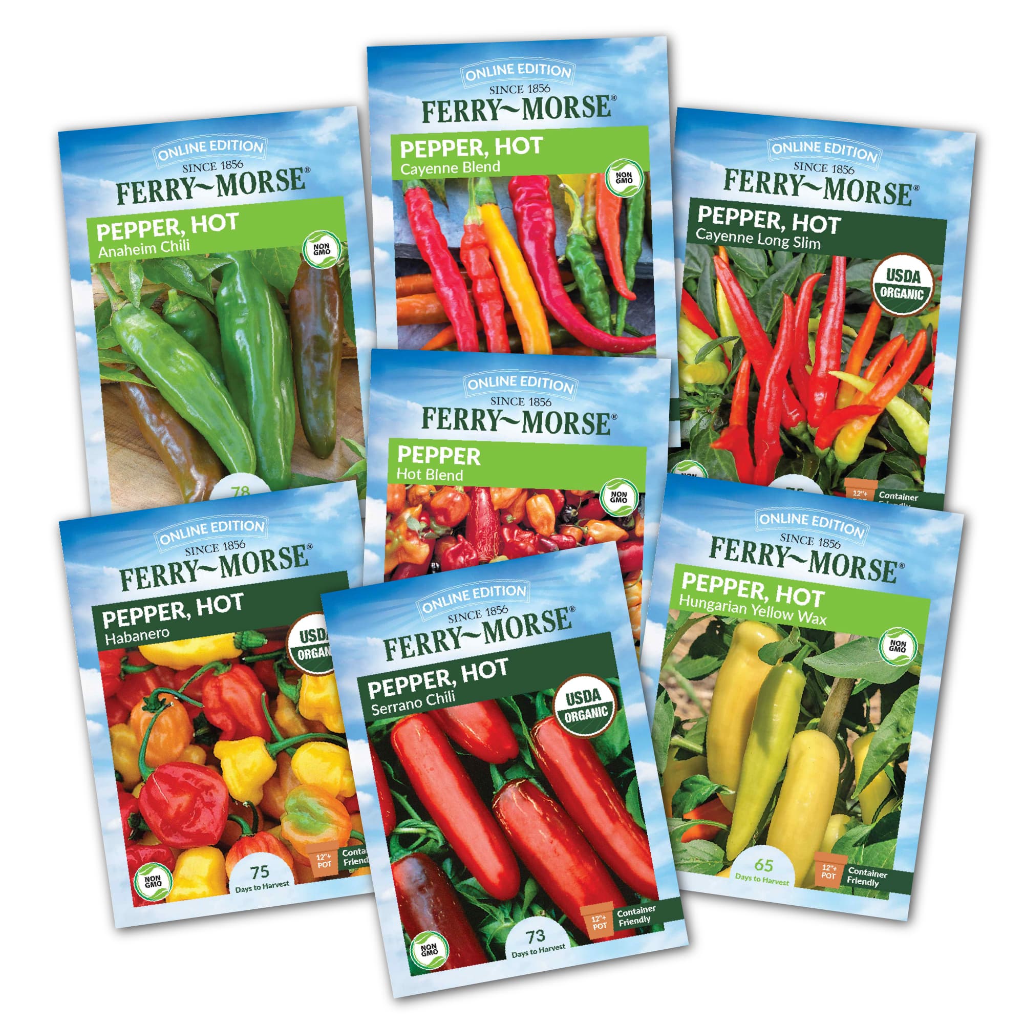 A variety of packs of hot pepper seeds from Ferry-Morse, showing different individual pepper types such as cayenne, cayenne long slim, and serrano.